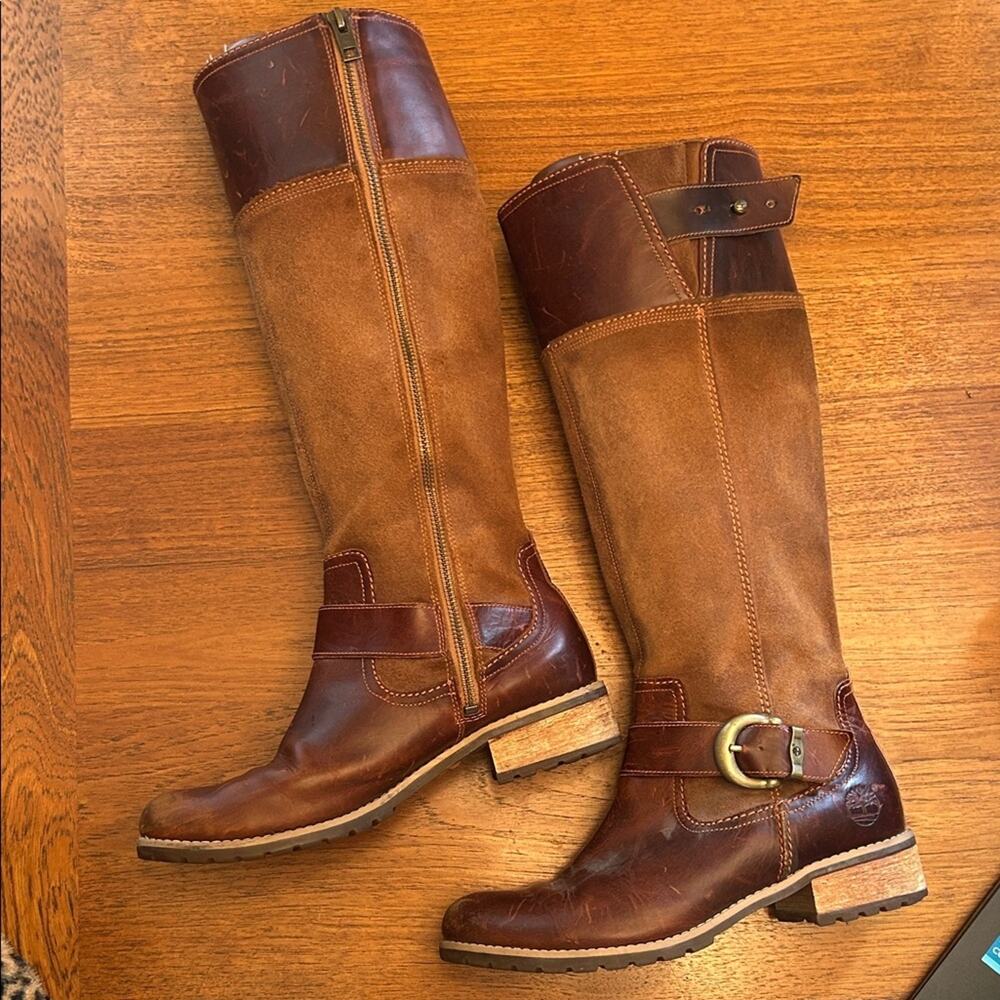 Timberland Brown and Tan Leather Heeled Riding Moto Boots womens sz 7